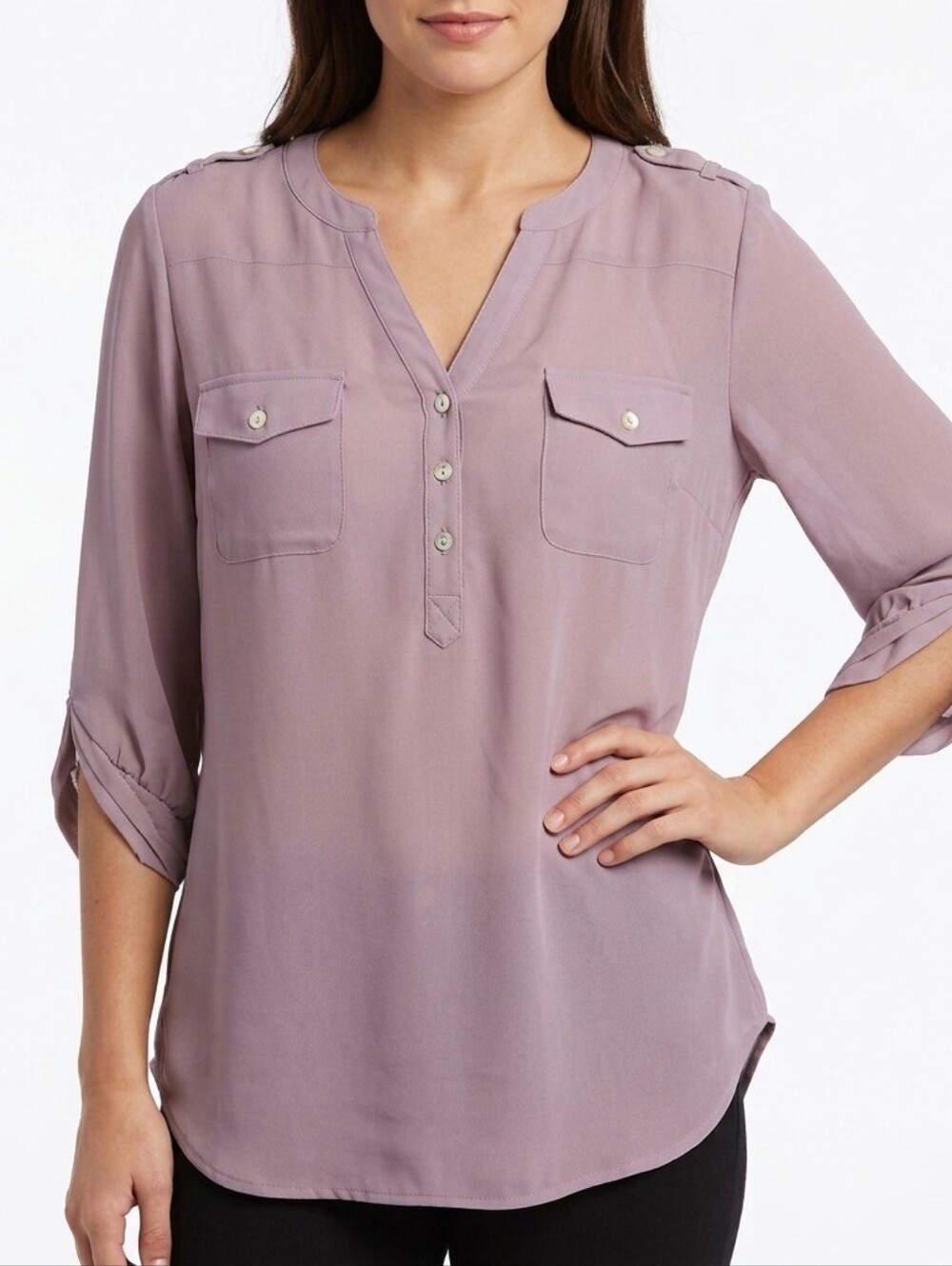 Angie Utility Roll-Tab Chiffon V-Neck Blouse Top Large Mauve NWT